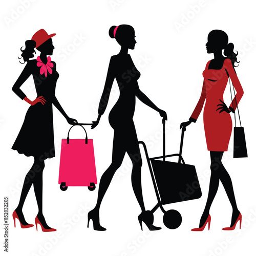 Stylish woman shopping with cart and bag in silhouette on a white background 