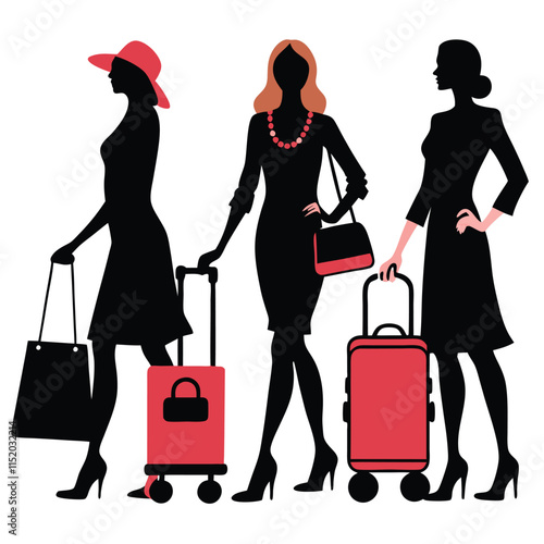 Stylish woman shopping with cart and bag in silhouette on a white background 