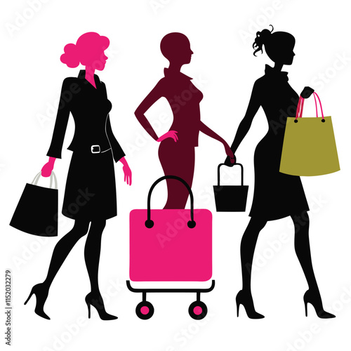 Stylish woman shopping with cart and bag in silhouette on a white background 