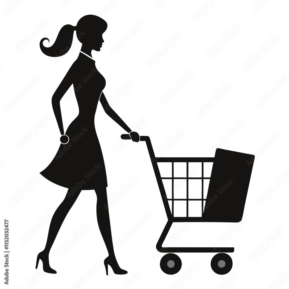 Stylish woman shopping with cart and bag in silhouette on a white background Stylish woman shopping with cart and bag in silhouette on a white background