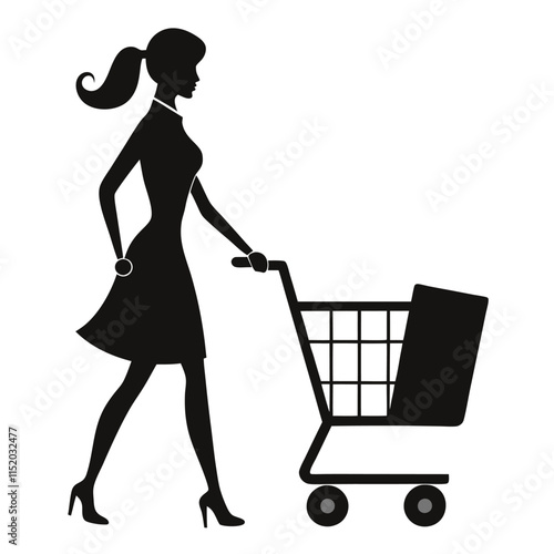 Stylish woman shopping with cart and bag in silhouette on a white background 