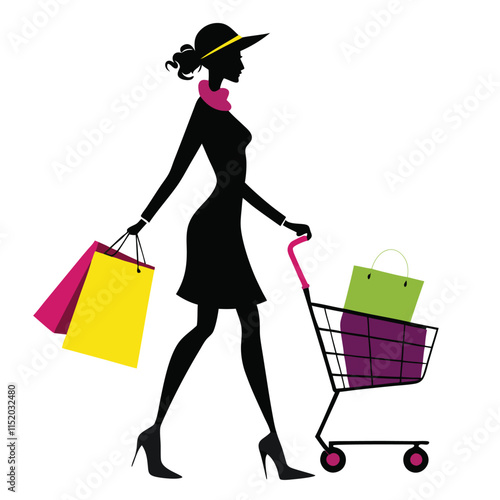 Stylish woman shopping with cart and bag in silhouette on a white background 