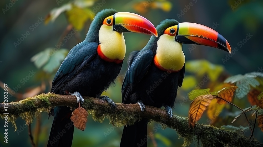 Fototapeta premium A Pair of Keel-billed Toucans Perched on a Mossy Branch in a Lush Rainforest
