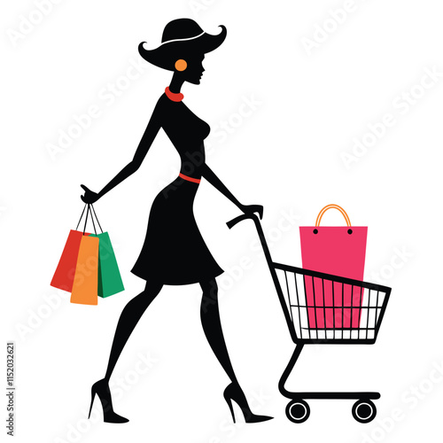 Stylish woman shopping with cart and bag in silhouette on a white background 