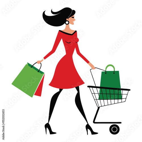Stylish woman shopping with cart and bag in silhouette on a white background 