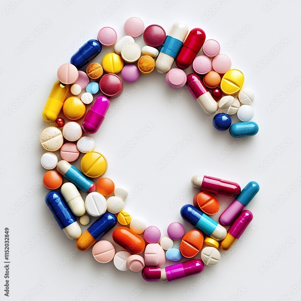 Multicolored Pharmaceutical Capsules Arranged in Geometric Pattern on White Background Multicolored Pharmaceutical Capsules Arranged in Geometric Pattern on White Background