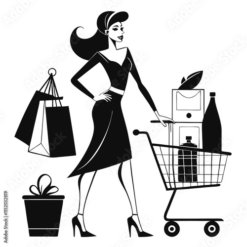 Stylish woman shopping with cart and bag in silhouette on a white background 