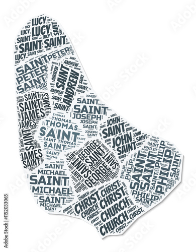 Barbados shape text cloud. Country border with shadow on white background. Barbados with regions division in vintage gazette style. Trending vector illustration.