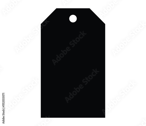 Black tag, rectangular shape, flat design, simple geometry, minimalist aesthetic, gift tag silhouette, dark contrast, hanging hole, blank label, monochrome image, stark simplicity, negative space, ret