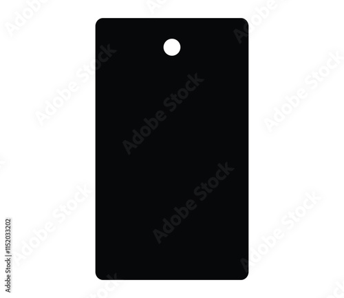 Black rectangular tag, minimalist design, single hole punch, matte finish, blank label, dark background, simple shape, product tag, flat lay, monochrome, stark contrast, sleek appearance, industrial a