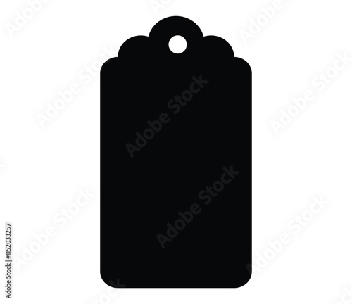 black tag shape, minimalist design, simple silhouette, flat graphic, gift tag outline, luggage label, retail price tag, monochrome, stark contrast, negative space, geometric form, clean lines, bold si