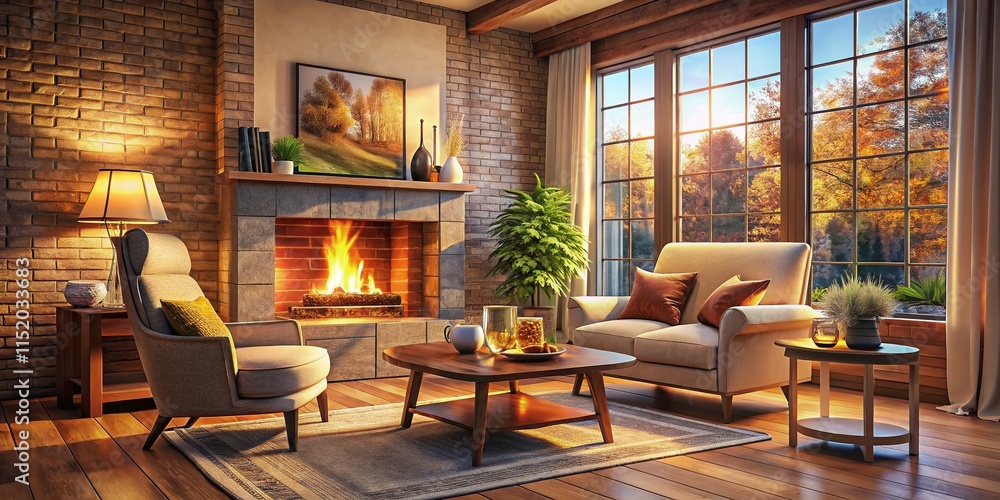 Naklejka premium Cozy Living Room Fireplace Interior Design AI Art