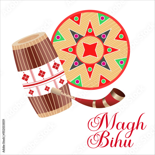Magh Bihu Celebrate with rhythmic Dhol beats Pepa melodies intricate circular Assamese designs and festive fonts that highlight the joy of this vibrant festival