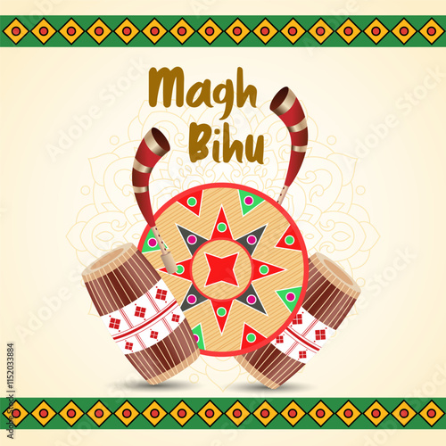 Magh Bihu Celebrating Assamese heritage with vibrant Dhol beats soulful Pepa tunes intricate designs festive fonts and traditional decorative motifs photo