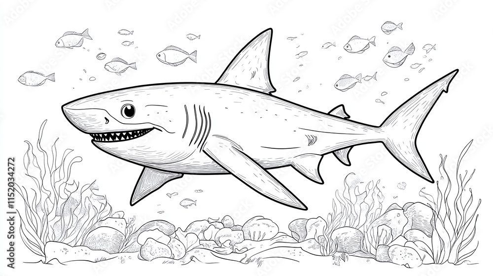 Fototapeta premium Shark fish illustration for a coloring book page, cute and funny sea or ocean underwater animal, with a cartoon design and outline for kids, highlighting marine life in an educational art drawing.