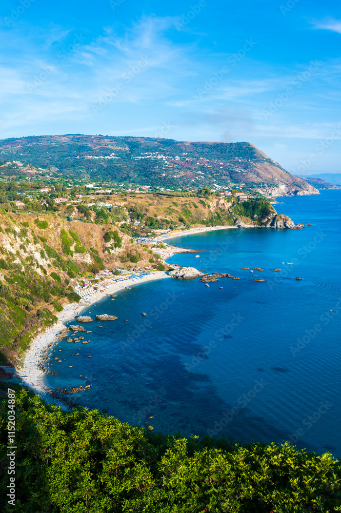 Fototapeta premium View of paradise Grotticelle Beach from Capo Vaticano Viewpoint - Beautiful landscape scenery near by Tropea, Calabria - Italy