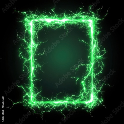 A glowing electric green lightning frame with a plasma portal creates a dramatic and high-tech visual, perfect for sci-fi themes or technology concepts. photo