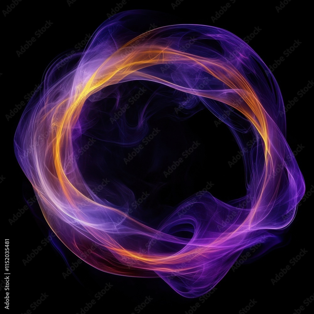 A glowing geometric circle with purple and yellow hues of smoke on a black background. A glowing geometric circle with purple and yellow hues of smoke on a black background.