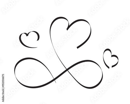 Minimalistic infinity symbol with hearts, elegant black lines, romantic design.