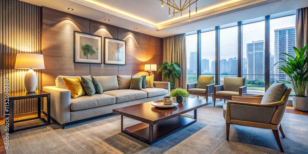 Fototapeta premium Modern hotel living room: minimalist design for a chic, cozy, and elegant space.