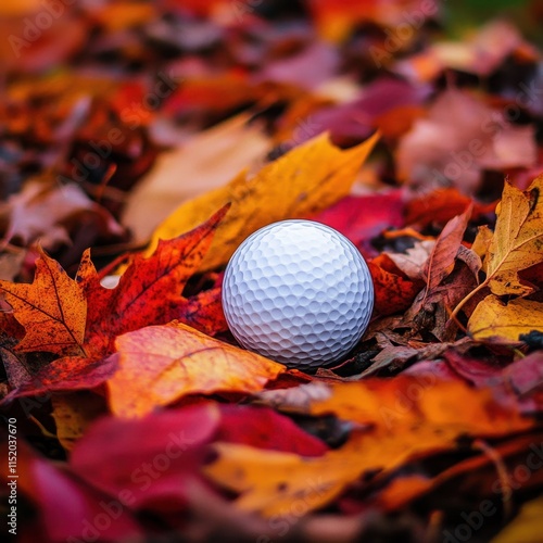 A golf ball resting on a bed of colorful autumn leaves, capturing the seasonal beauty and contrasting textures. photo