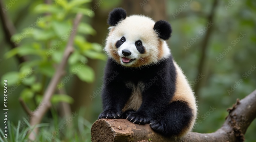 Fototapeta premium A cute panda sits on the tree trunk 