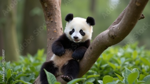 A cute panda sits on the tree trunk 
