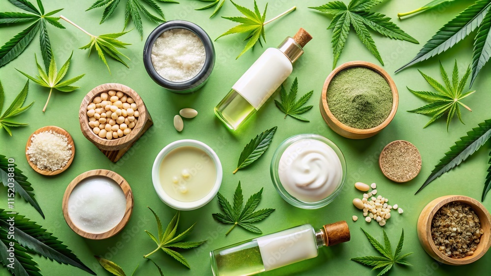 Hemp Extract Cosmetics Flat Lay - Bokeh Green Background Hemp Extract Cosmetics Flat Lay - Bokeh Green Background