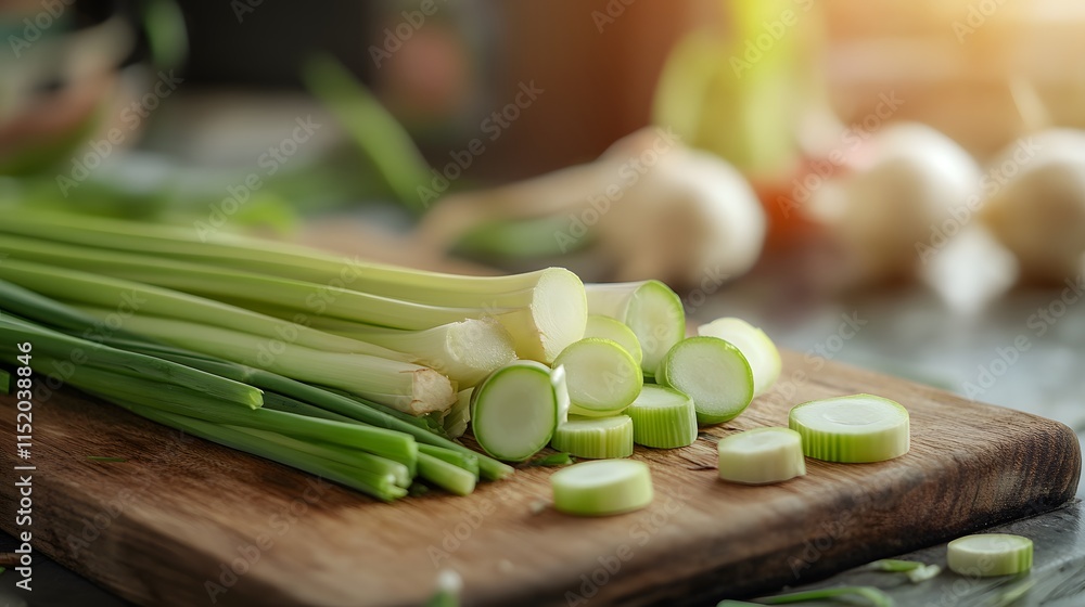 Close up sliced Lemon grass on wooden board Close up sliced Lemon grass on wooden board