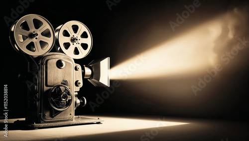 Vintage movie projector casting light beam in dark room