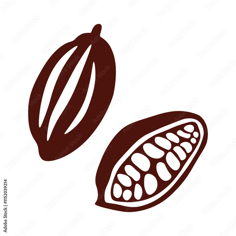 Obraz premium cocoa fruit illustration, brown outline, open pod, cocoa beans, chocolate ingredient, isolated on white.