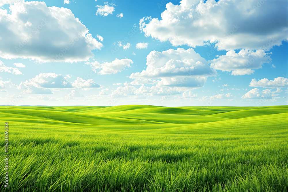 Naklejka premium Lush green landscape under a bright blue sky with fluffy clouds.