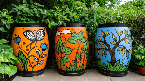 Recycle conservation renewal sustainability concept. Colorful painted barrels featuring nature-themed designs in a lush garden setting. photo