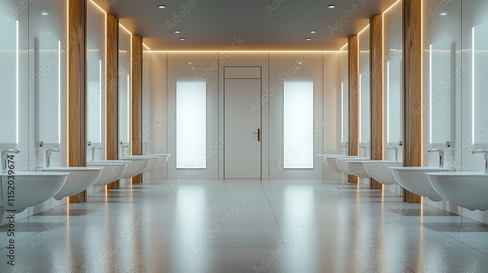 Fototapeta premium Modern minimalist restroom design with sleek sinks and warm lighting