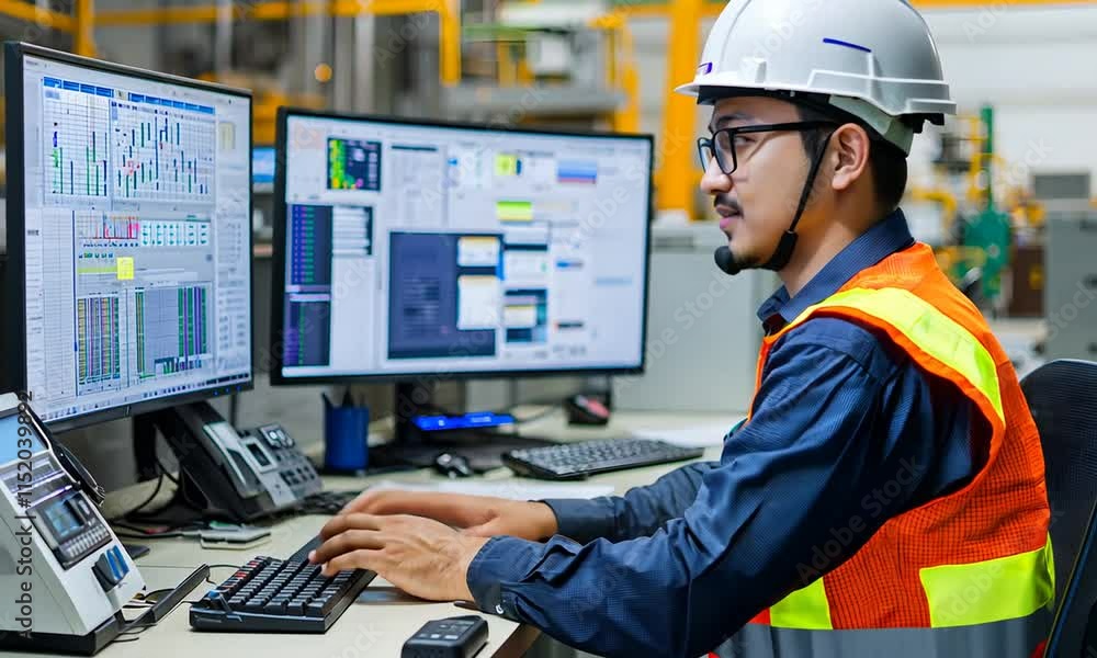 A worker in a safety helmet and vest operates dual monitors in an industrial setting. A worker in a safety helmet and vest operates dual monitors in an industrial setting.