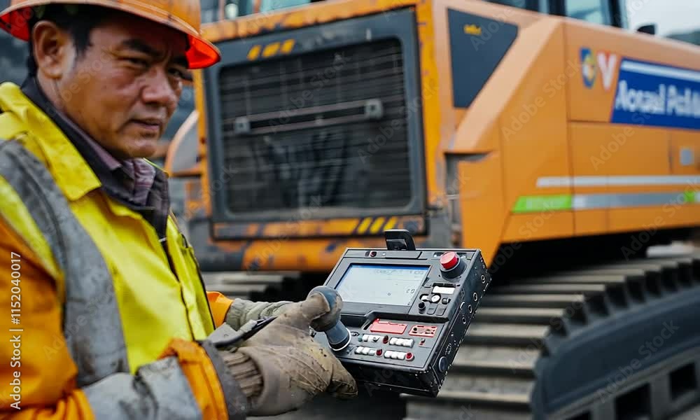 A worker in protective gear operates a control device near heavy machinery in a mining area. A worker in protective gear operates a control device near heavy machinery in a mining area.