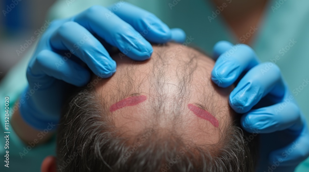Close up of hair transplant preparation marked scalp areas and gloved doctor ready for procedure Close up of hair transplant preparation marked scalp areas and gloved doctor ready for procedure