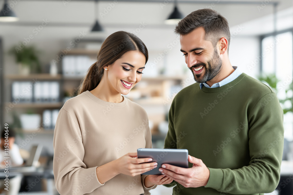 Happy couple using tablet in modern office environment. Happy couple using tablet in modern office environment.