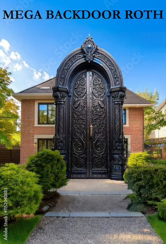 Large ornate black entrance door at a stylish suburban home surrounded by greenery and blue skies. Generative AI