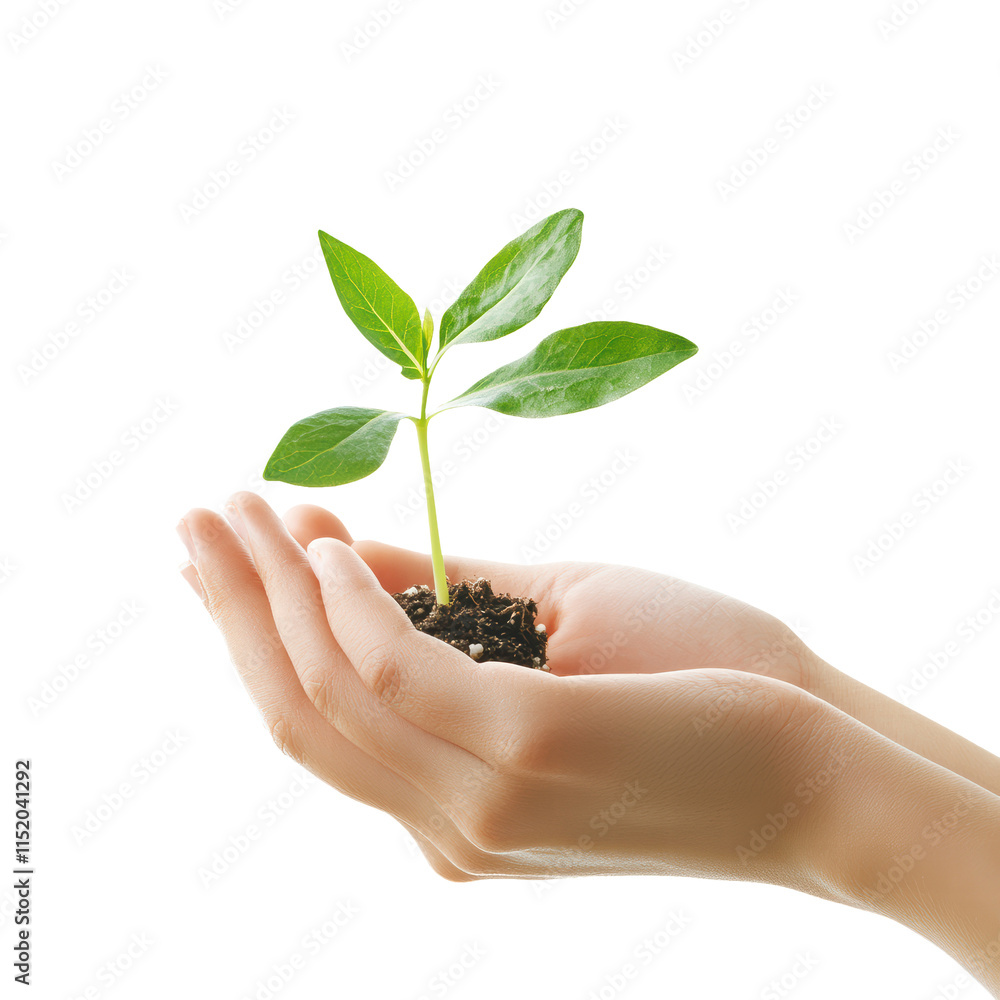 Hand holding young plant sprout isolated on transparent background, PNG Hand holding young plant sprout isolated on transparent background, PNG