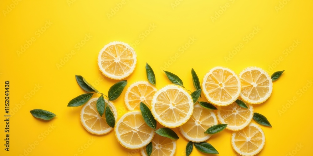 Fresh Lemon Slices and Green Leaves Scattered on a Vibrant Yellow Background Fresh Lemon Slices and Green Leaves Scattered on a Vibrant Yellow Background