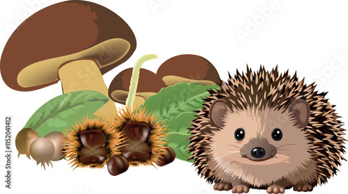 Hedgehog exploring autumn forest mushrooms and chestnuts