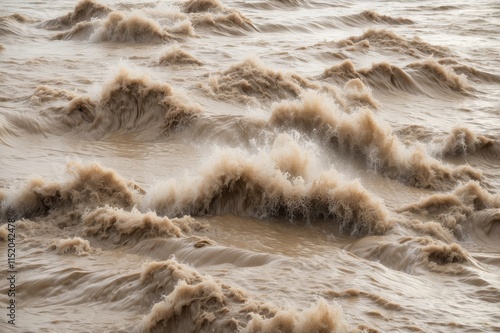 Turbulent muddy river water with waves.