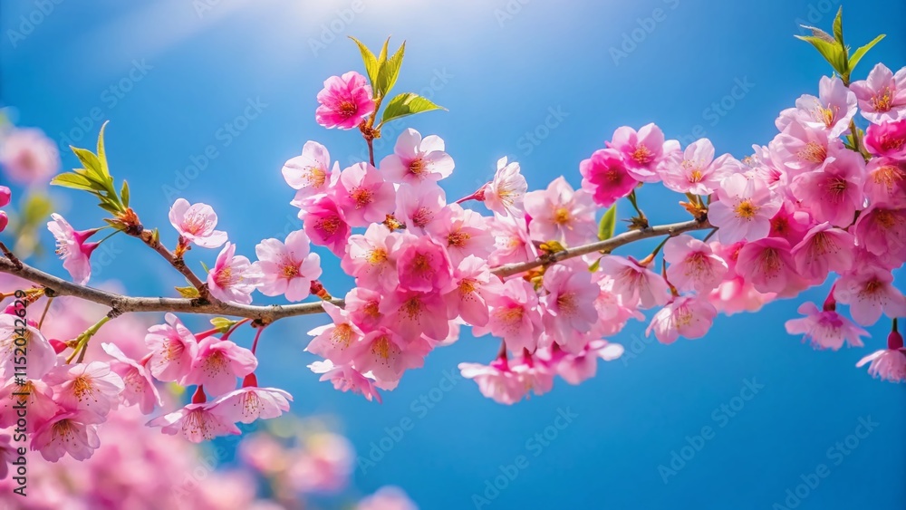 Pink Cherry Blossom Branch, Blue Sky, Copy Space Pink Cherry Blossom Branch, Blue Sky, Copy Space
