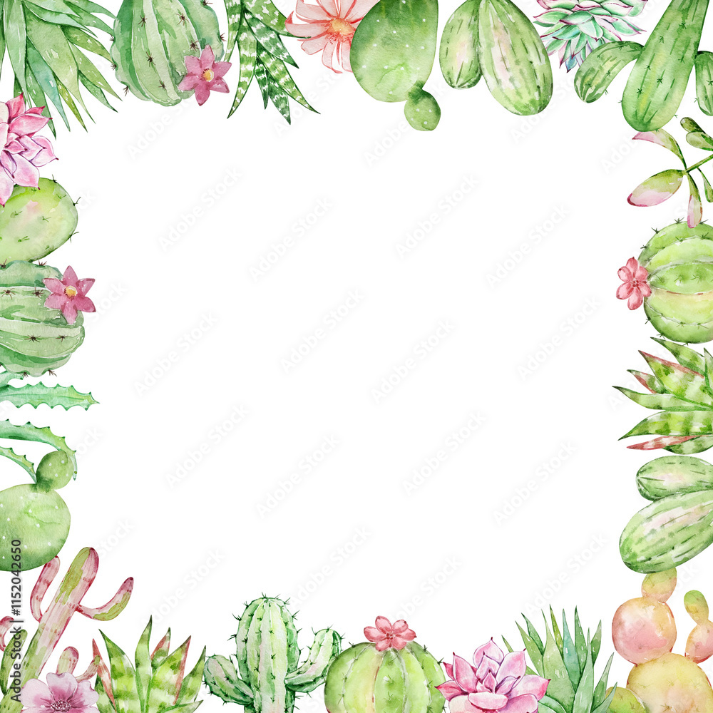 Fototapeta premium Watercolor cactus and succulent frame, tropical plants, botanical illustration