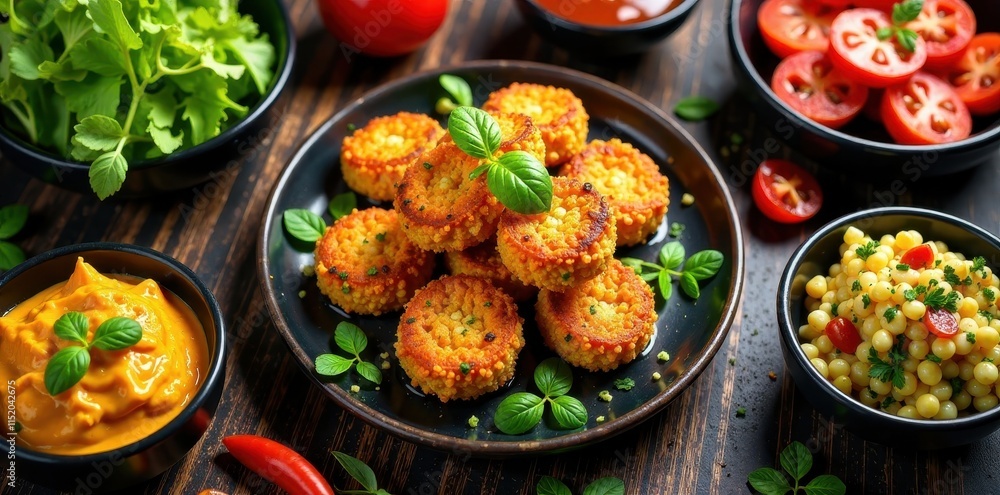 Variety of air-fried dishes on kitchen table, overhead view Copy space included , snacks, dinner Variety of air-fried dishes on kitchen table, overhead view Copy space included , snacks, dinner