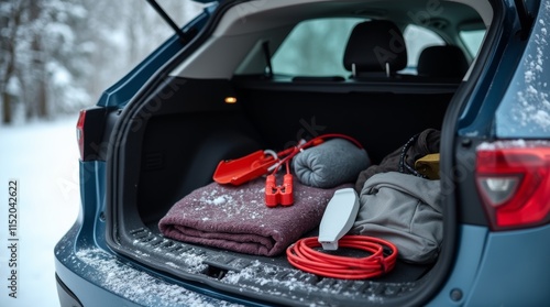 Winter car kit displayed in the trunk of a vehicle, snow-covered landscape in the background, items like a shovel, blanket, and jumper cables visible, natural lighting, organized and practical setup