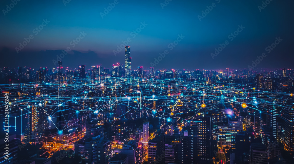 Obraz premium Smart digital city with connection cyber security network reciprocity over the cityscape . future smart wireless digital city and social media networking systems that connects people within the city