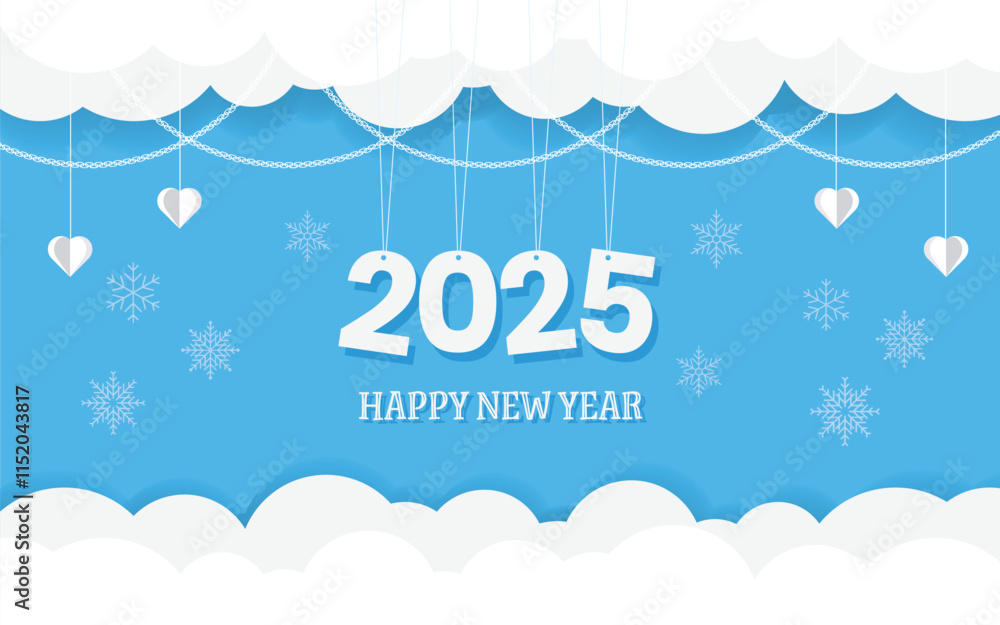 Naklejka premium Happy New Year 2025 design featuring hanging clouds and hearts on a blue background. Vector illustration
