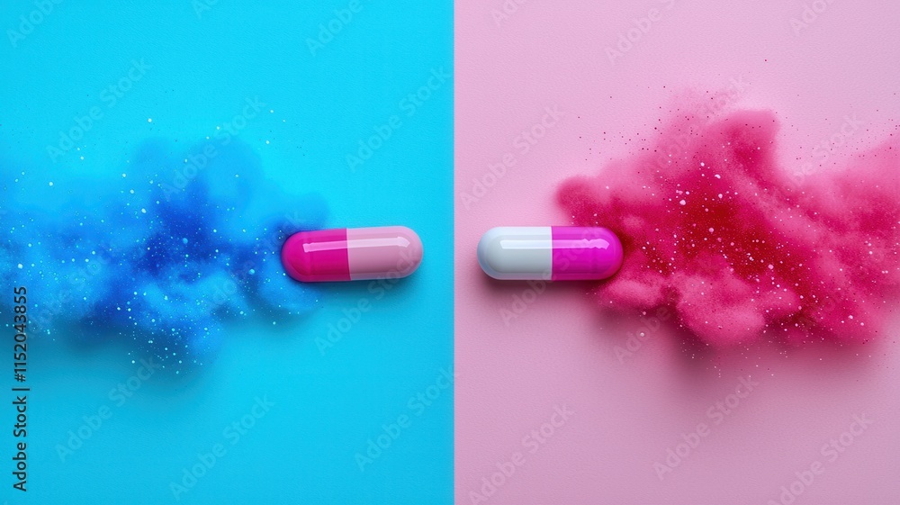 A creative illustration of a pill transforming into both positive and negative effects, symbolizing its impact on the body. A creative illustration of a pill transforming into both positive and negative effects, symbolizing its impact on the body.
